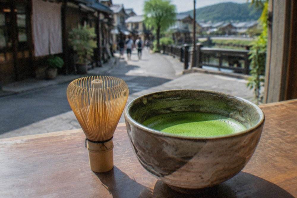 A bamboo whisk resting beside a bowl of bright green matcha on a wooden counter