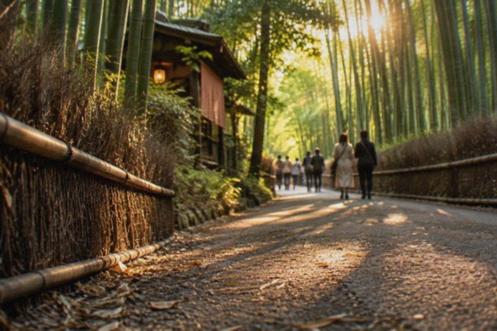 A tall grove of green bamboo stalks on both sides of a narrow walking path in Arashiyama