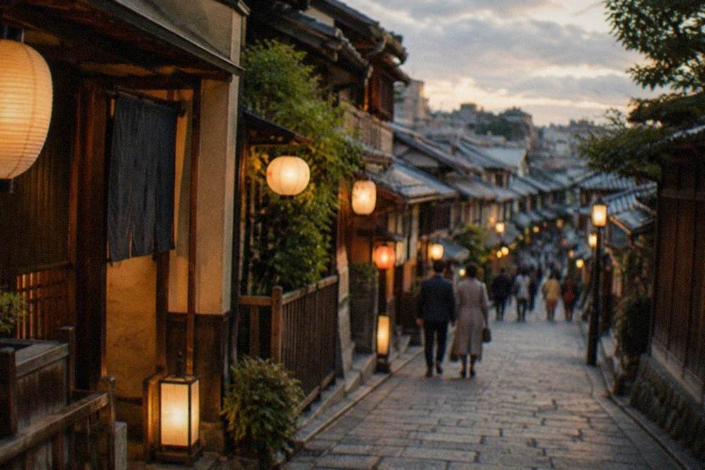Stone-paved alley in Gion at dusk with paper lanterns glowing outside wooden tea house entrances