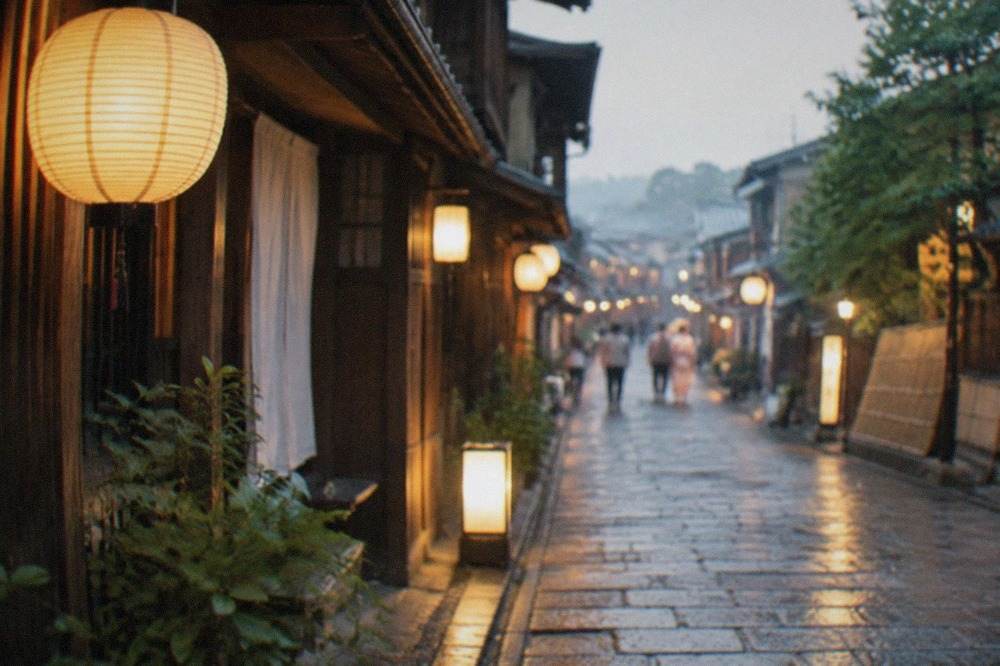 A lantern-lit stone street in Kyoto's Gion district at night with traditional wooden facades