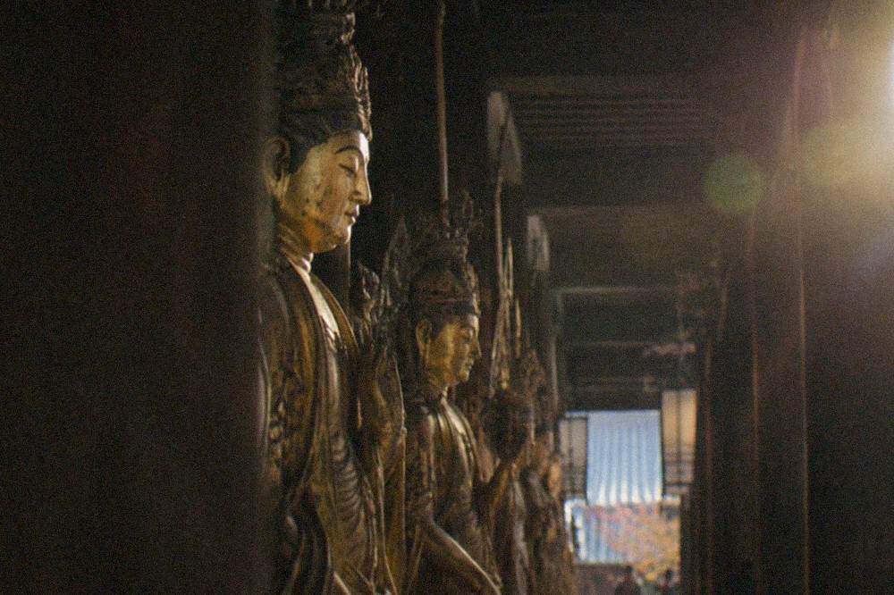 Close view of several gilded wooden statues with calm carved faces standing in a dim temple hall