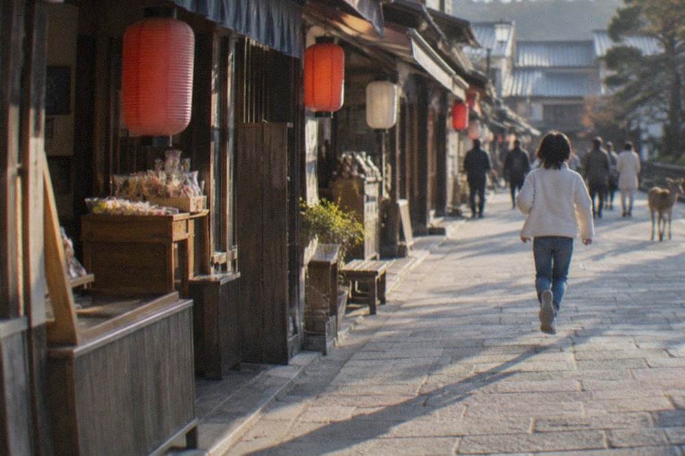 A row of small traditional Japanese food shops with lanterns and wooden signs along a street in Nara