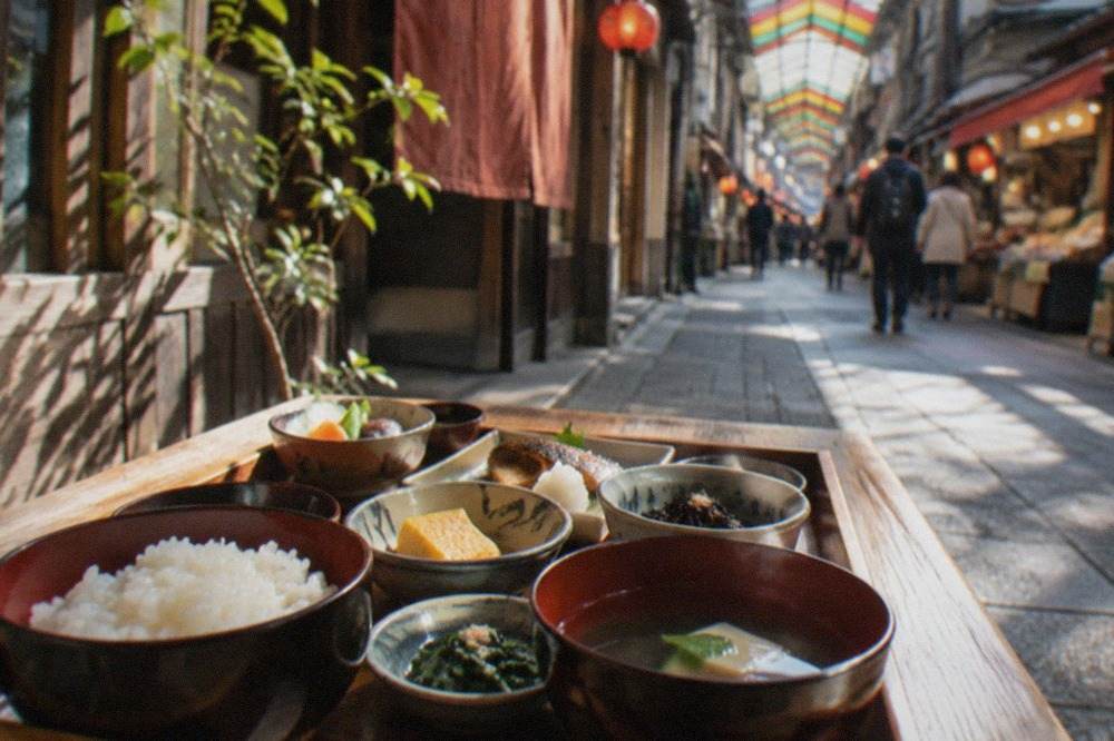 A multi-course Japanese meal arranged in small lacquered dishes on a wooden tray