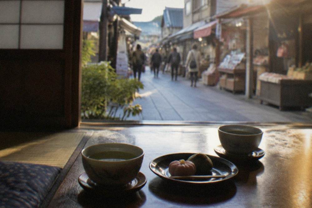 Small cups of green tea and a plate of Japanese confections on a low wooden table in a tatami room