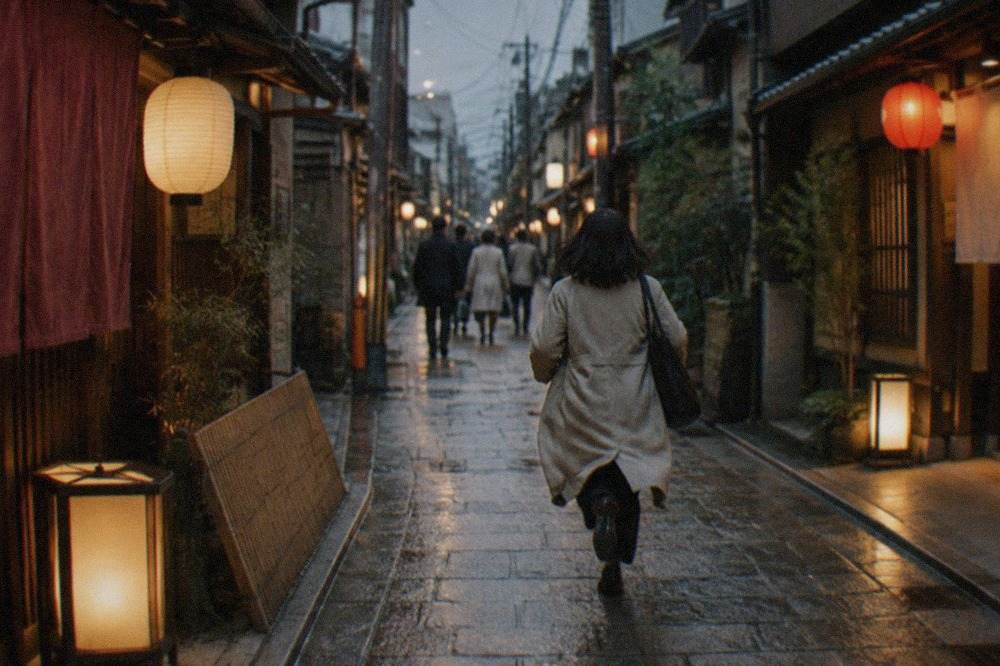 A narrow Kyoto side street in the evening with small lantern-lit restaurants along both sides