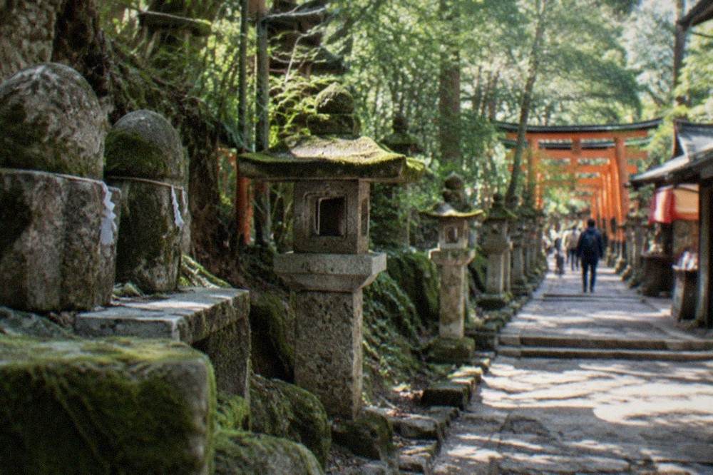Stone otsuka worship monuments with moss and lanterns along a forested path on Inariyama