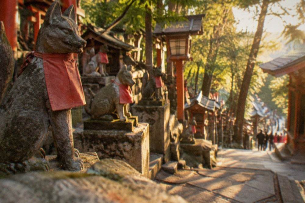 Rows of stone fox statues and small shrines along a forested path on the Inariyama slopes