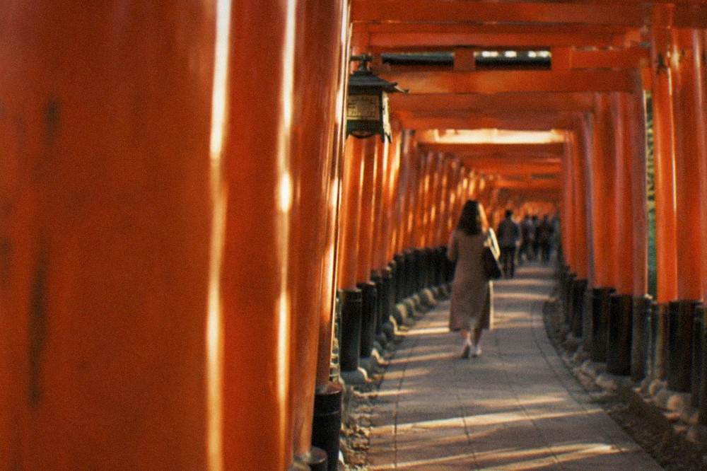 A dense tunnel of red torii gates with a visitor walking through at Fushimi Inari