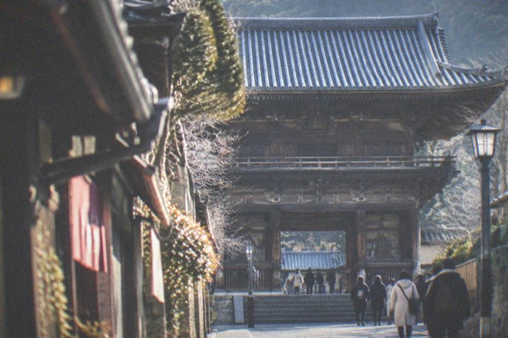 Large two-storey wooden temple gate with a sloping tiled roof seen from below