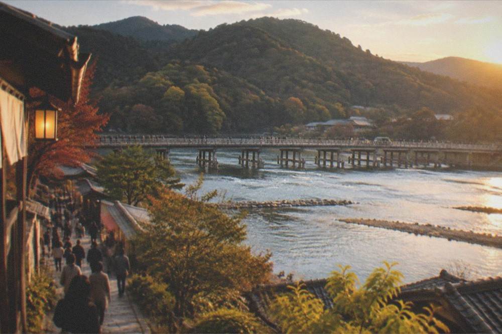 Togetsukyo bridge spanning the Katsura river with wooded hills behind it in Arashiyama