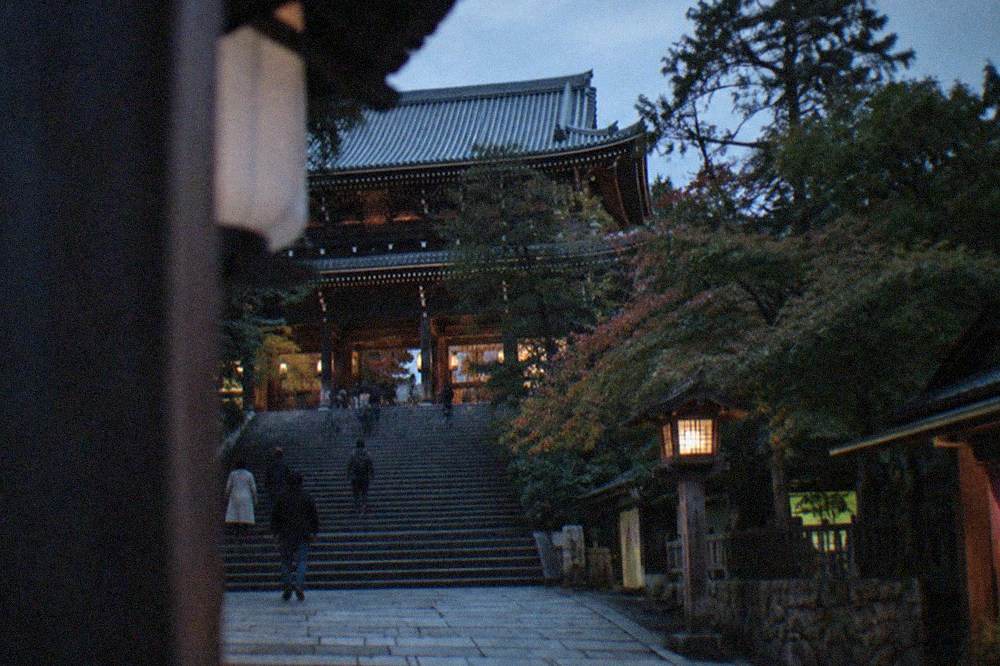 A wide stone staircase leading up to temple halls with trees on both sides