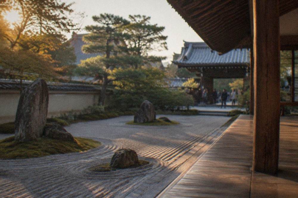 Raked gravel and arranged stones in a small dry landscape garden beside a wooden temple veranda