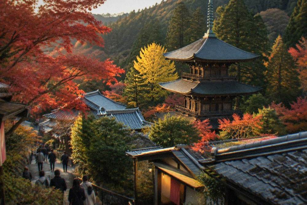 A two-storey pagoda on a forested hillside above temple roofs in autumn