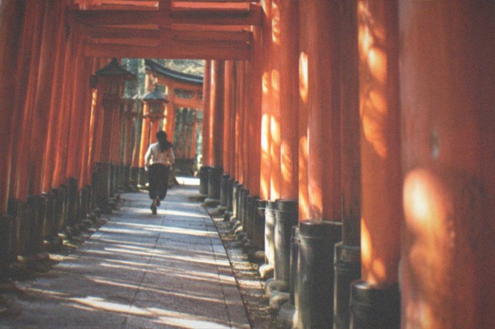 Dawn light on the vermilion gate corridor with no crowds present