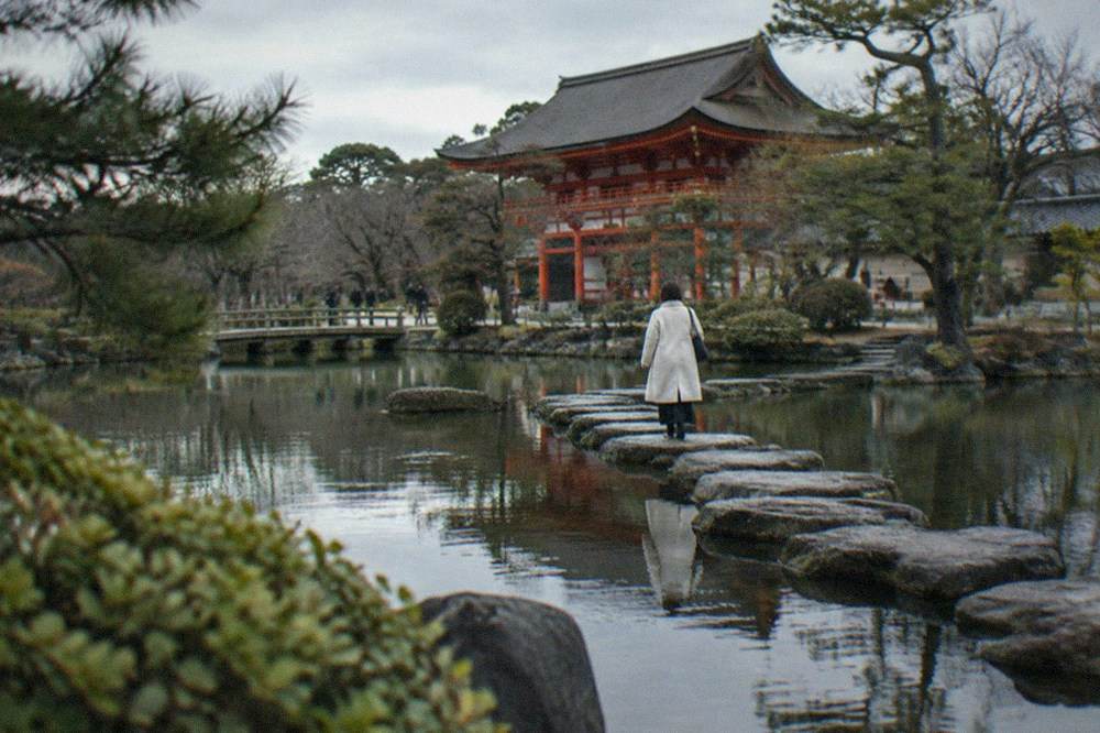 Stepping stones crossing a pond in the Heian Shrine garden
