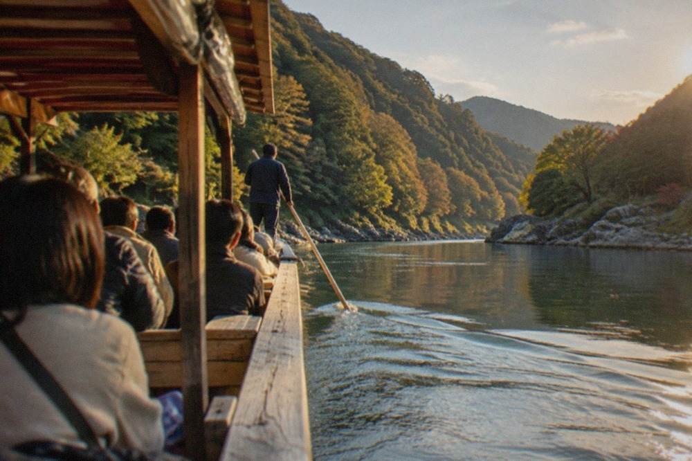 A long wooden river boat carrying passengers along a forested gorge in Kyoto Prefecture