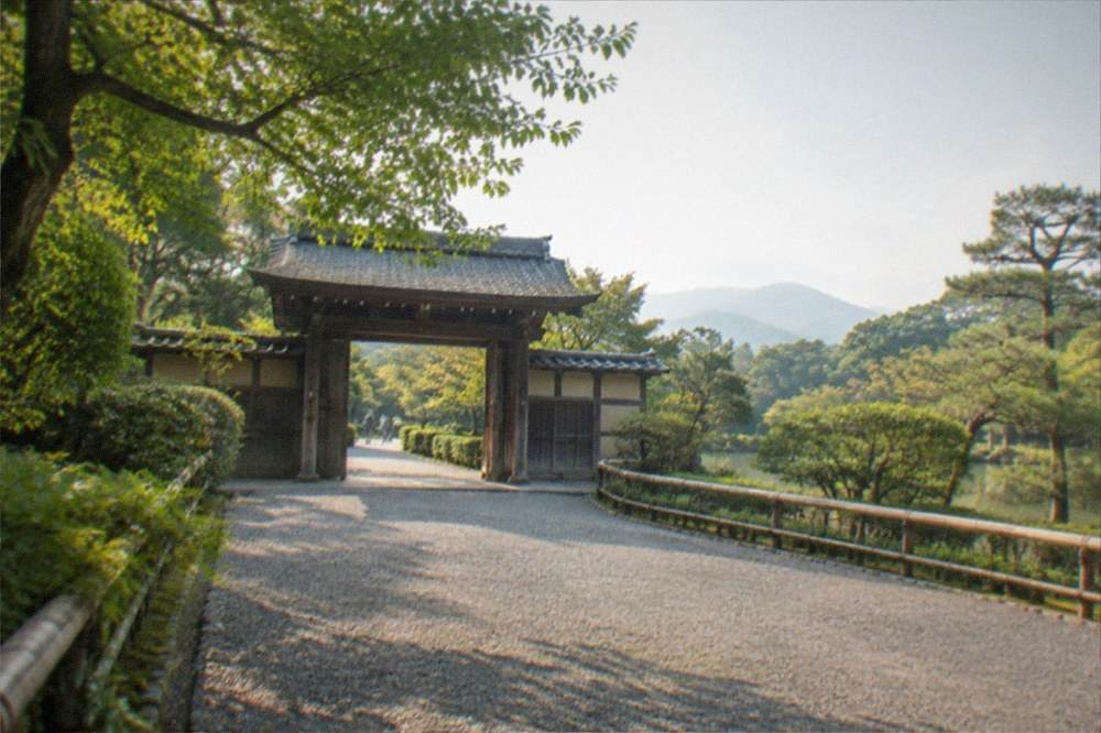 A garden gate and gravel path with morning light through trees in Kyoto