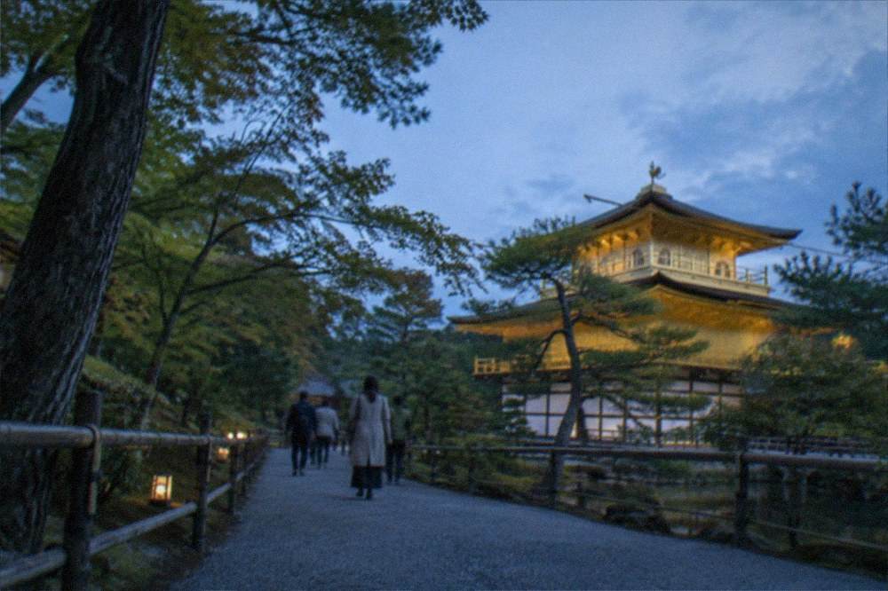 A wide paved garden path with trees on both sides inside a Kyoto temple