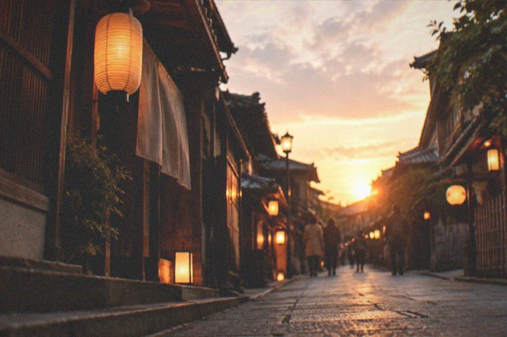 A lantern-lit narrow street in the Gion district in the evening