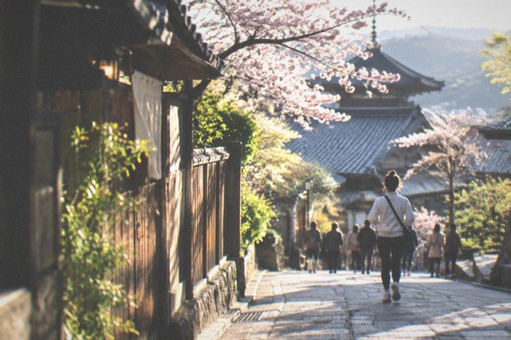 Cherry blossom branches over a temple roof in Kyoto's Higashiyama hillside