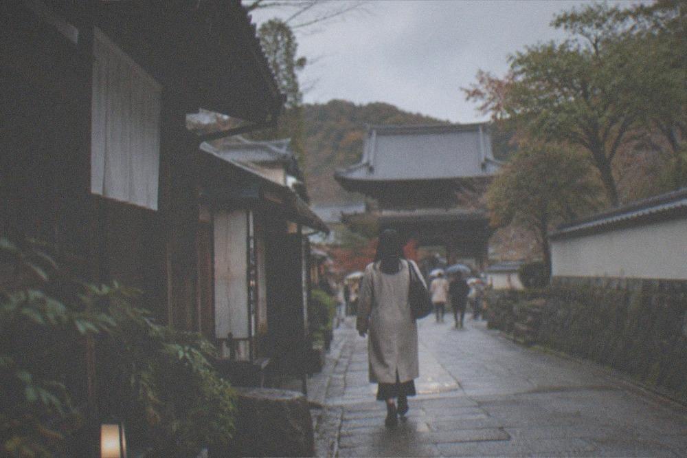 A visitor reading a temple notice board at an entrance in Kyoto