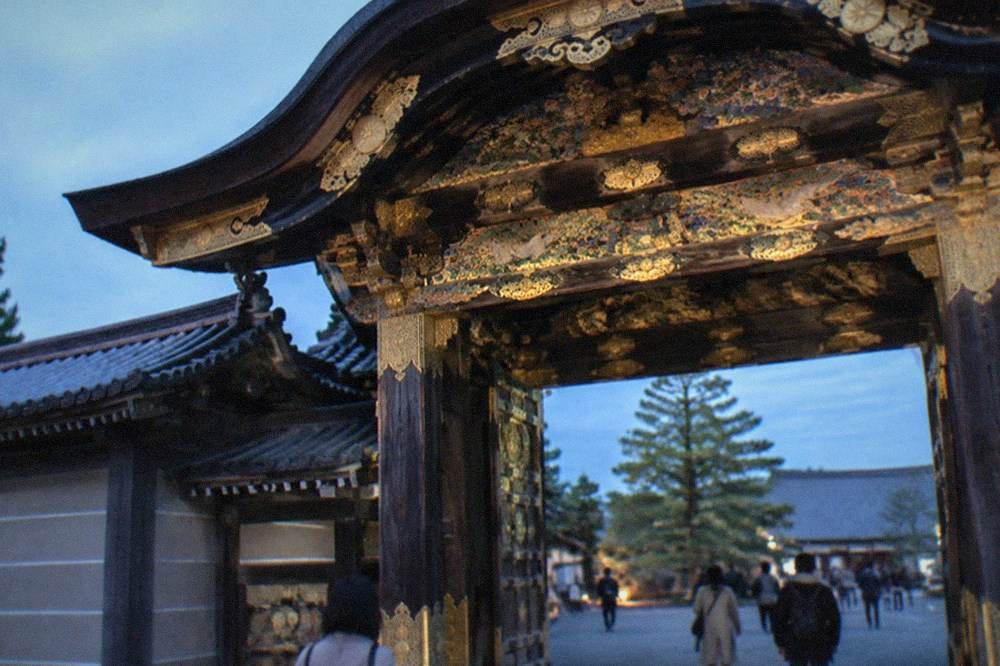 Ornate carved and painted decoration on a palace gate at Nijo Castle