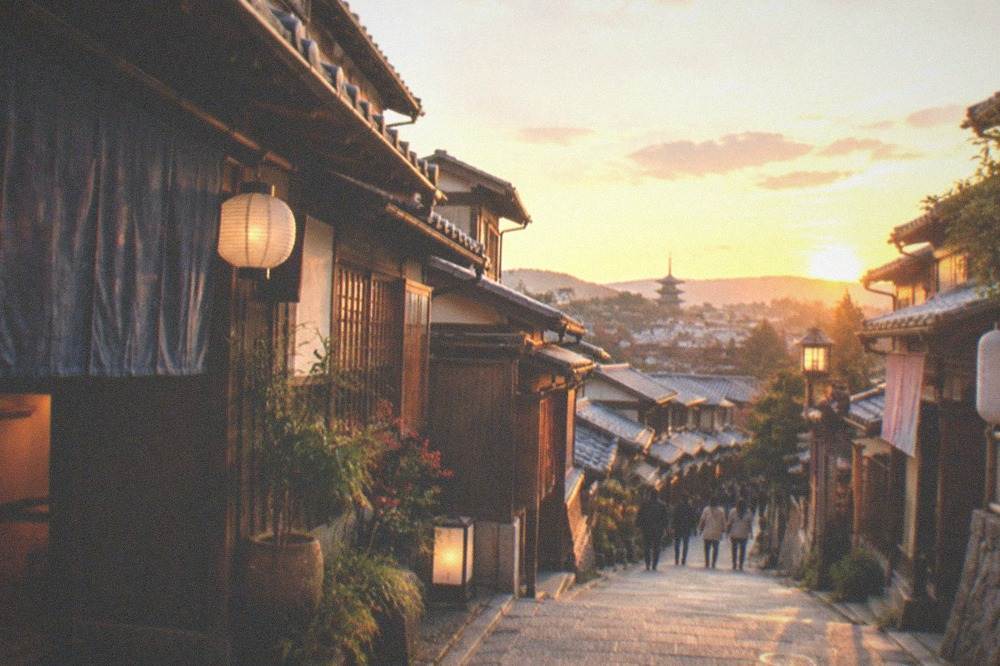 A narrow stone alley branching off the main slope with hanging noren curtains and lanterns