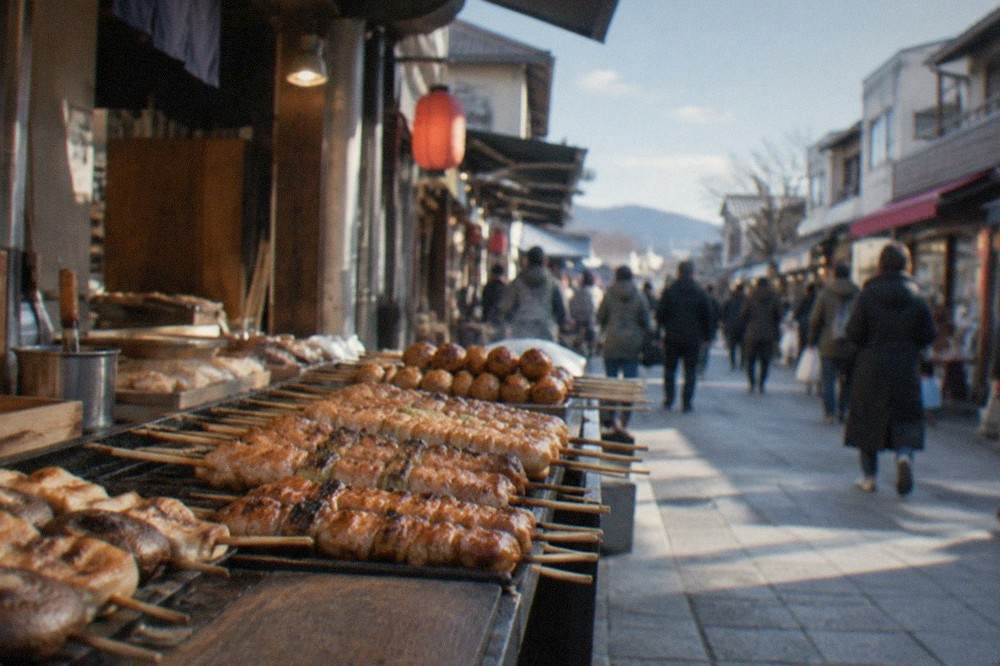 Close view of skewered and grilled foods displayed at a market stall counter
