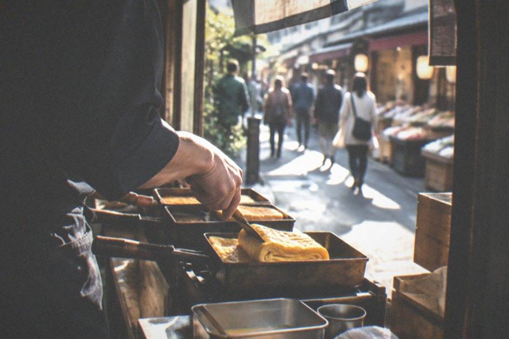 A cook turning a rolled omelette in stacked rectangular pans at a market stall