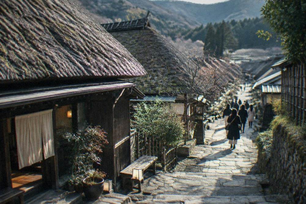 A quiet preserved street with traditional thatched-roof buildings leading toward forested hills