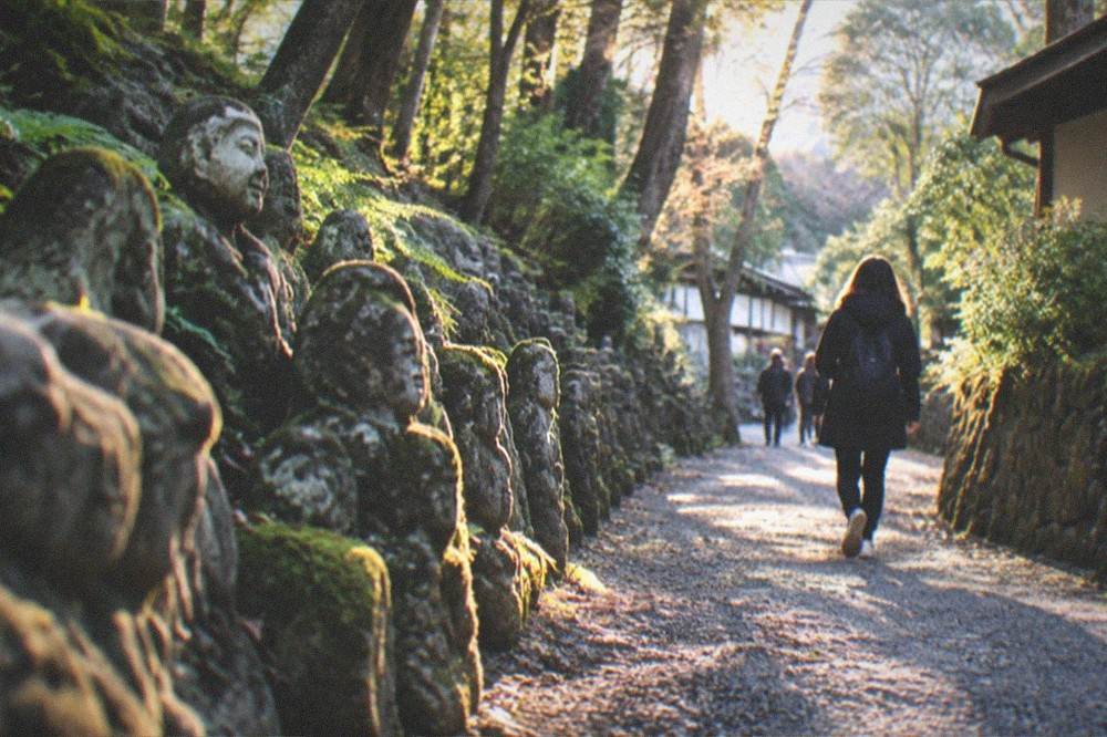 Late afternoon light across a hillside of small stone figures beneath tall trees