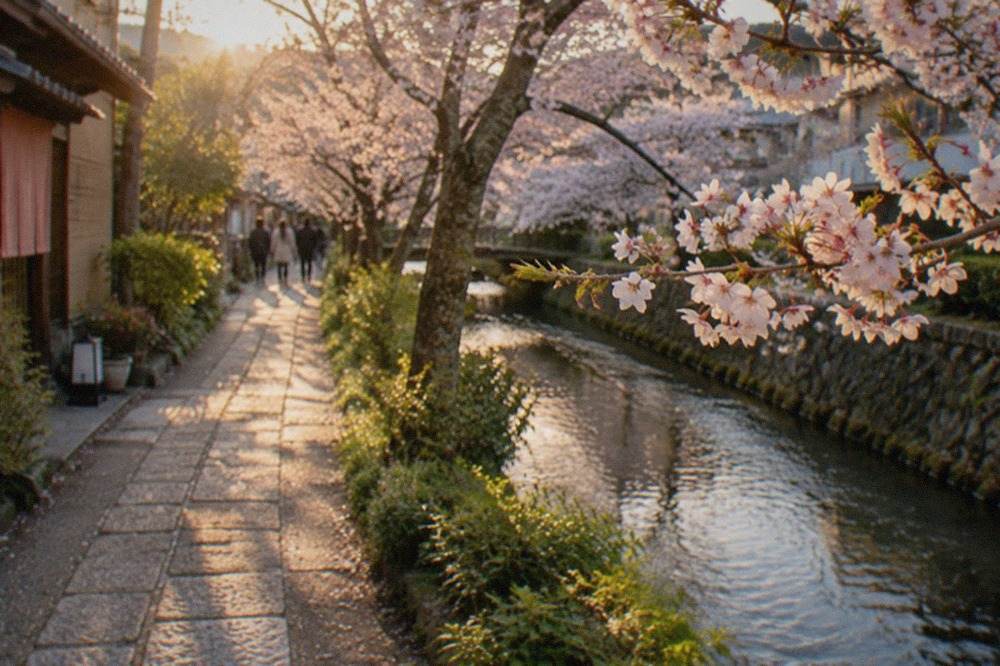 A stone path beside a narrow canal lined with cherry trees in Kyoto