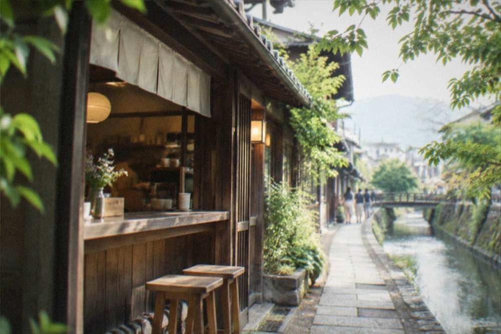A wooden townhouse cafe with a small counter beside a canal path