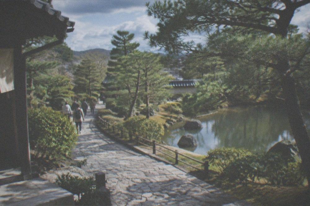 A quiet stone path through temple grounds with pines and a pond in Kyoto's temple district