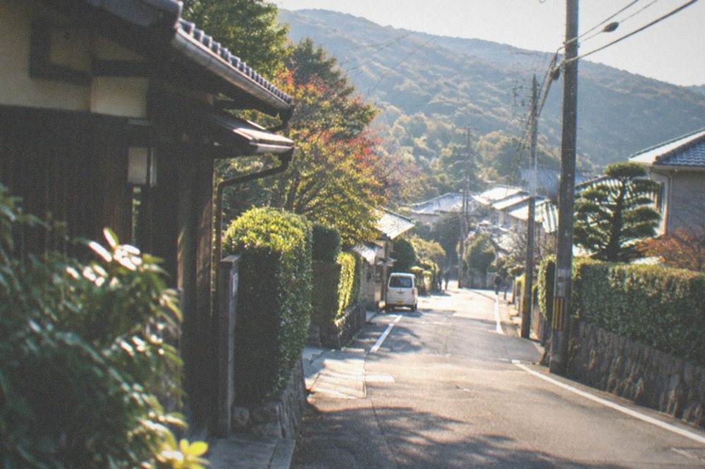 A quiet residential street with hedges and power lines leading toward the Shugakuin hills