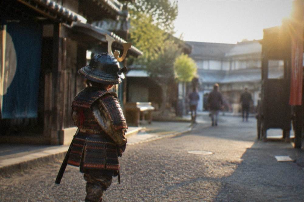 A recreated Edo-period street of timber shopfronts on a working film set