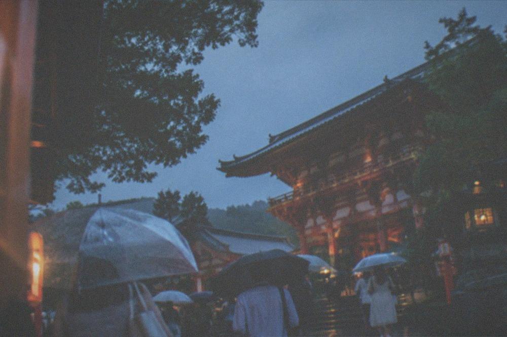 Visitors with umbrellas walking through the Yasaka Shrine grounds during summer rain