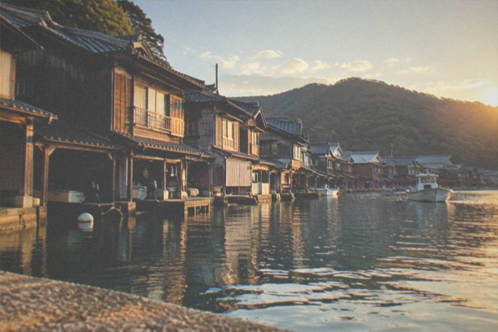 A row of dark wooden boathouses standing directly in the water of a calm village bay