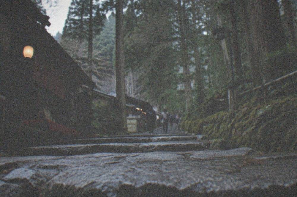 A cedar-shaded stone path climbing through the forest between Kurama and Kibune