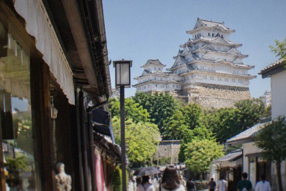 The white walls and tiered roofs of Himeji Castle rising above trees under a clear sky