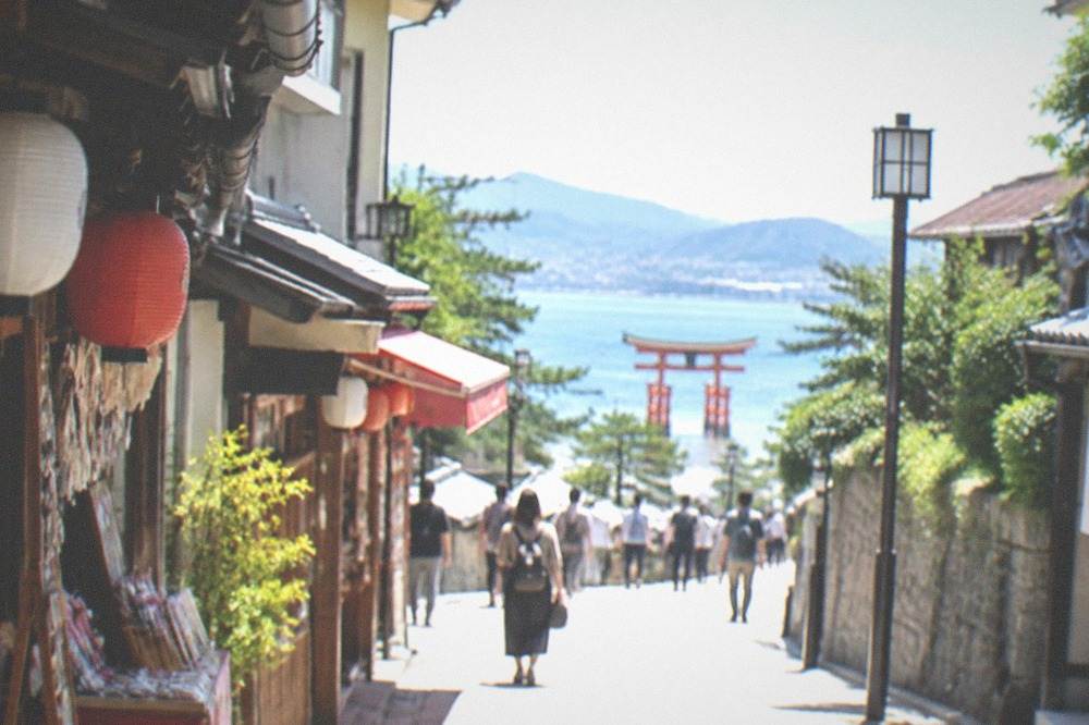 The approach street on Miyajima lined with shops and lanterns