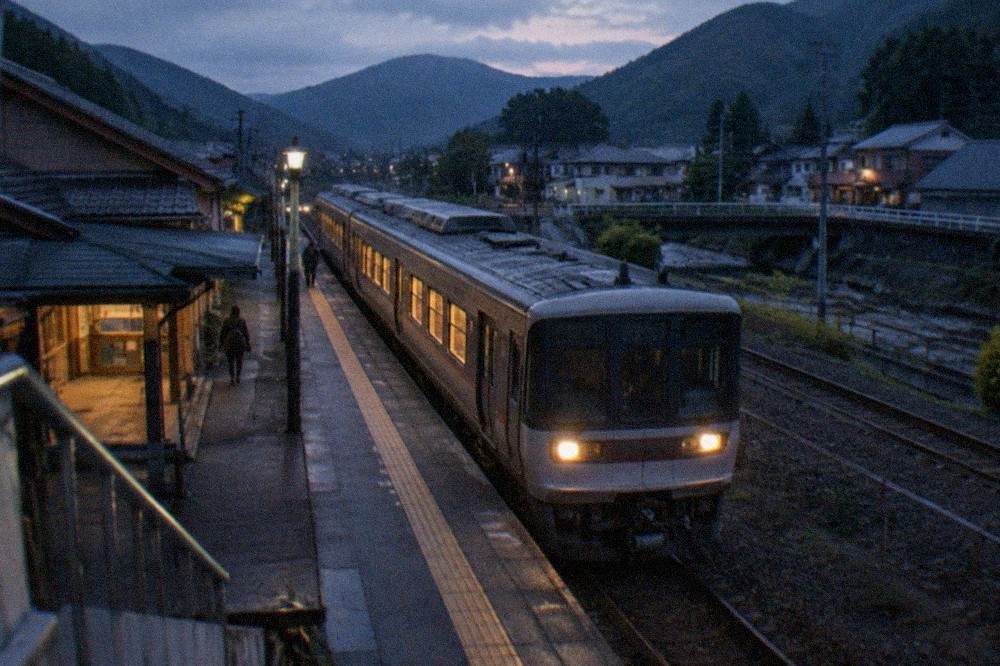 A limited express train waiting at a rural Japanese railway station in a valley