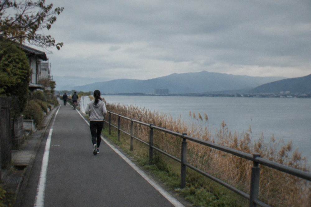 A lakeside cycling path running beside calm water with reeds and distant hills