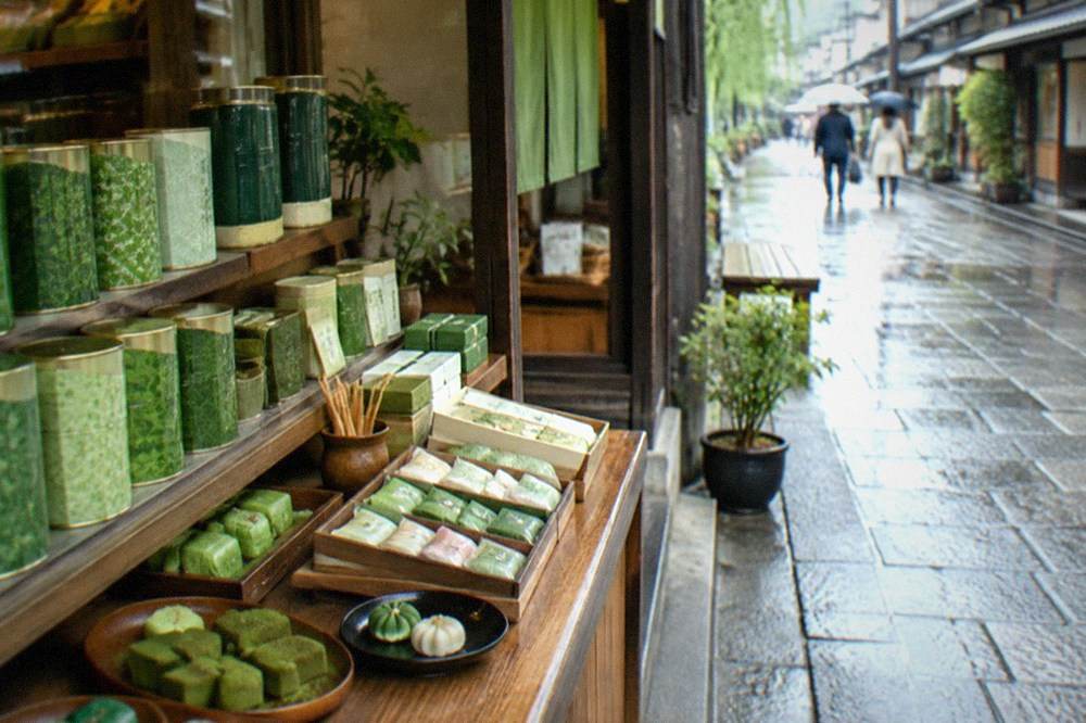 A shopfront displaying tins of green tea and matcha sweets on a historic street in Uji