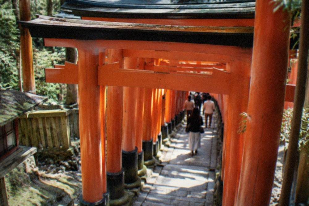 A guide speaking to a small group of travellers on a stone-paved sloping lane in Higashiyama