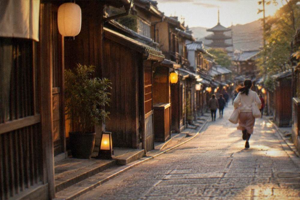 Traditional wooden machiya facades along a lantern-lit Gion street in the evening