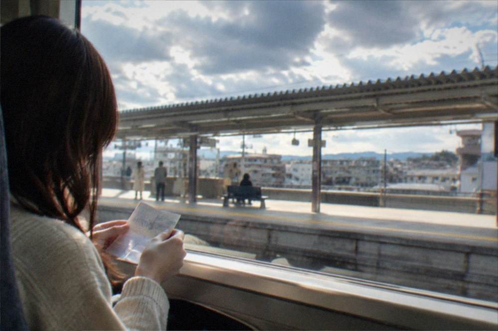 A passenger checking a paper rail pass beside a train window with a passing platform
