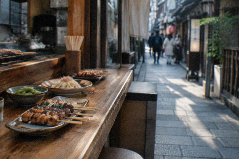 A wooden izakaya counter with grilled skewers and small plates of food laid out