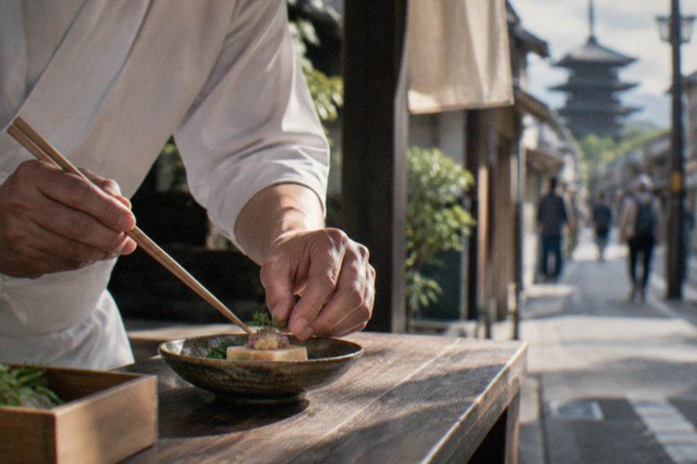 A chef placing a seasonal garnish on a small ceramic dish with chopsticks