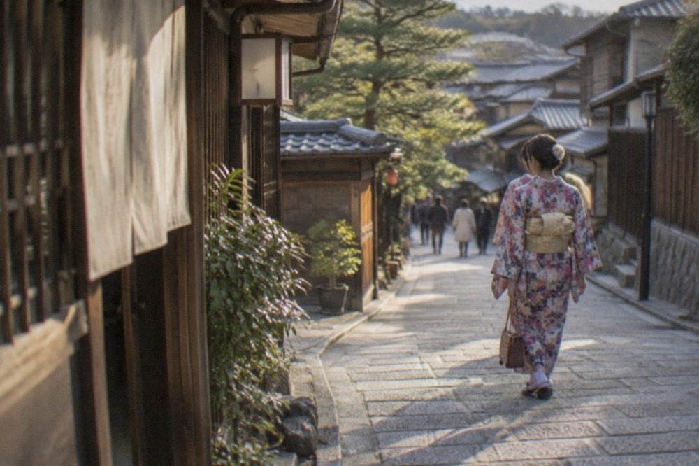 A woman in a colourful kimono walking a narrow stone-paved lane in Kyoto's Higashiyama district
